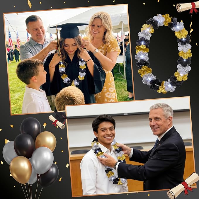 Sherr 48 Pcs Graduation LED Hawaiian Leis Class of 2026 Light Up Flower Leis Necklace with LED Lights Black Gold Silver Luau Flowers Necklaces for Graduation Party Decoration Supplies