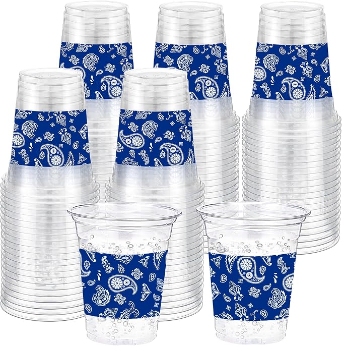 Funnymoom 60 Pack Cowboy Cup 12 oz Blue Bandana Disposable Clear Plastic Cups for Western Cowboy Birthday Party Decoration Supplies