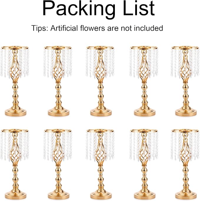 Gold Vases Centerpieces for Wedding: 19.3" Tall Flower Stand with Crystal Patent for Table Center Piece Party Event Set of 10