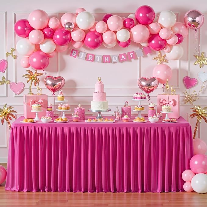 PARTISKY 1 Pack Hot Pink Tablecloths for Rectangle Tables 6ft, Wrinkle Resistant Spandex Table Cover Fitted Stretch Table Cloth with Pleated Ruffle Skirts for Party Banquet Dining Birthday Wedding
