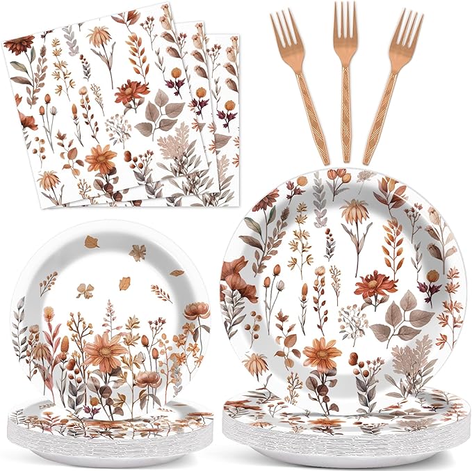 Fall Floral Plates and Napkins for Wildflower Party Supplies Watercolor Fall Floral Dessert Plates Autumn flower Tableware Set for 24 Guests Birthday Baby Shower Wedding Party Decorations