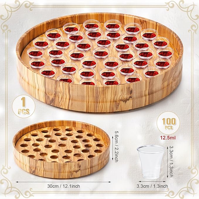 Zhehao 1 Pcs Wood Communion Trays for Churches Set Church Supplies Plates for Church with Disposable Cups (Olive Wood)