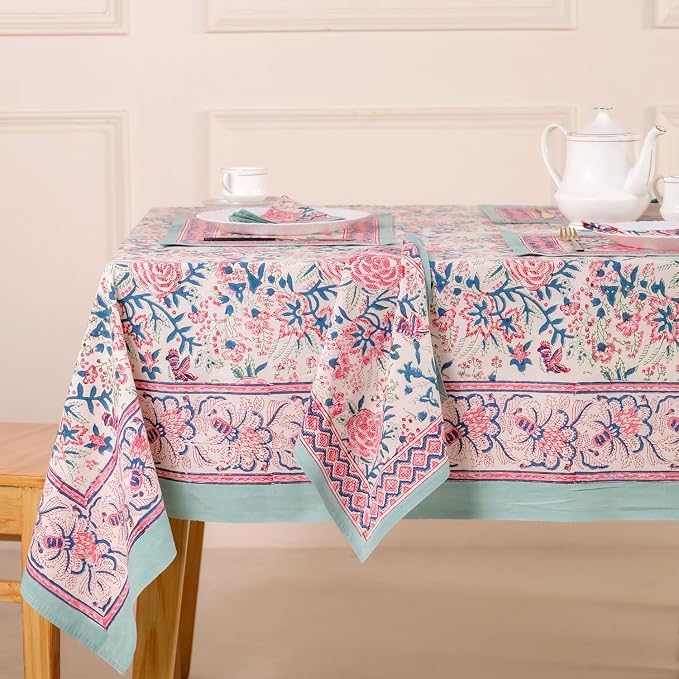 Hand Block Printed Tablecloth, Colorful Floral Print, Indian Artisan Handmade Art, Dining Room, Kitchen, Outdoor Décor, (Salmon Pink, 16 Seater 72 x 190 Inches Rectangle)