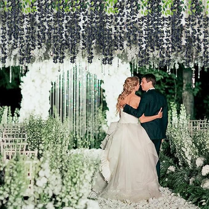 48 Pack Artificial Wisteria Hanging Flowers Fake Wisteria Flower Garland Silk Vines Rattan Decor for Home Wedding Arch Wall Garden Greenery Bedroom Outdoor Office Party Decoration (Black)