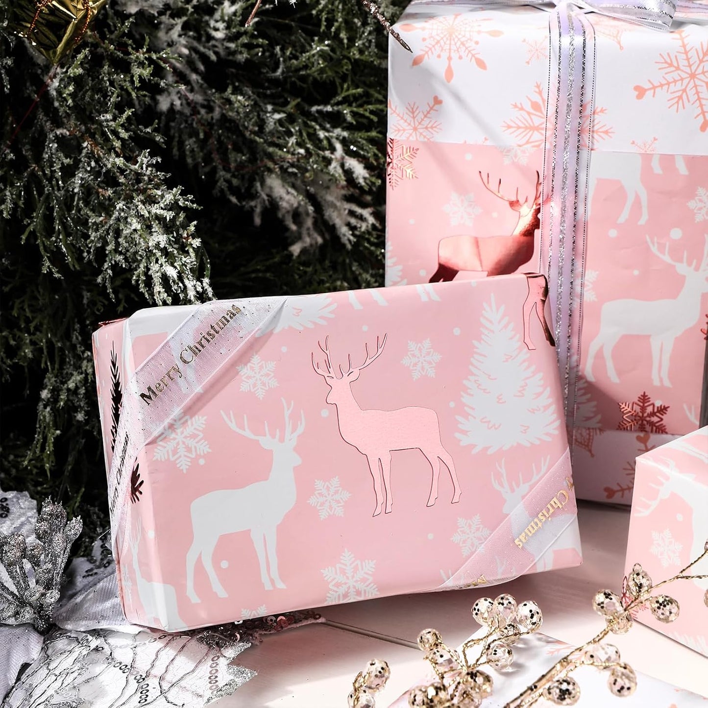 LeZakaa Christmas Pink Wrapping Paper Jumbo Roll, Reindeer & Snowflake, Metallic Foil, Rose Gold Foil Reversible Design for Festive Winter Holiday, Family Gathering, 30 inches x 100 Feet