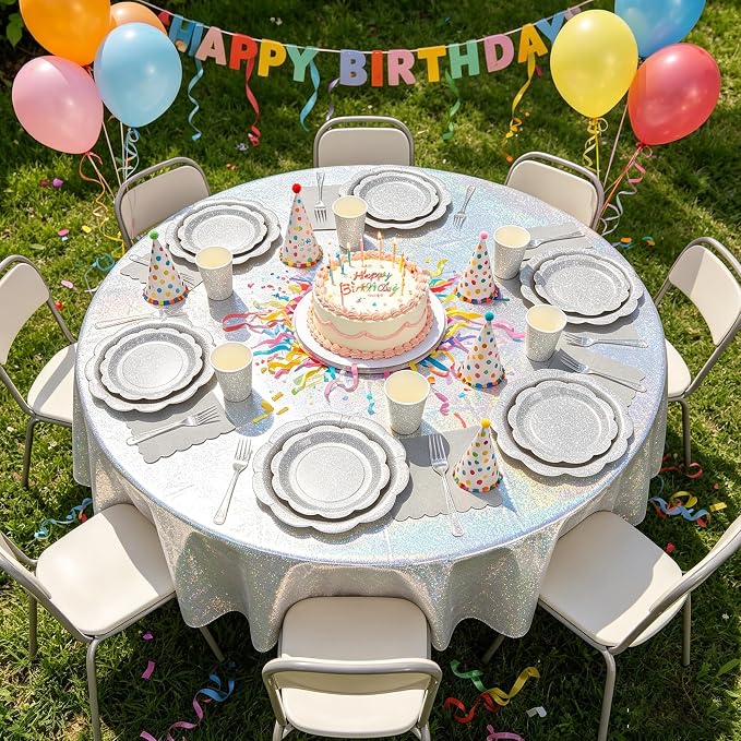 Silver Iridescent Plates and Napkins Set, Disposable Holographic Paper Plates Cups Napkins Forks Tablecloth Party Supplies for Birthday Baby Shower Bridal Shower Party Decorations, Serves 24 Guests