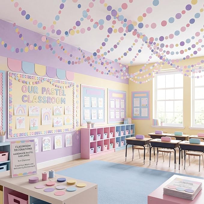 Outus 5 Pieces Colorful Circle Garland Banner Hanging Paper Dot Decorations for Classroom, Birthday Party, Baby Shower, Wedding Backdrop & Photo Booth Graduation Decor (Pastel Rainbow)