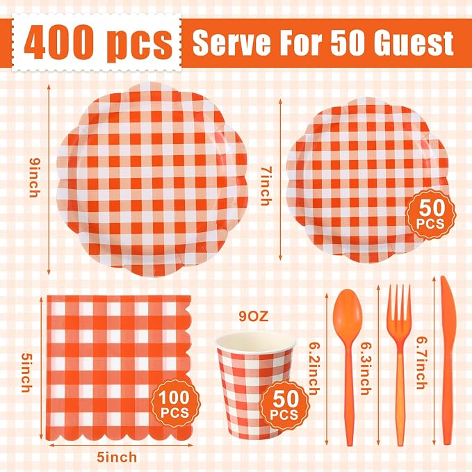 Funnymoom 400 Pcs Gingham Party Supplies for 50 Guests Orange and White Paper Plates and Napkins Knives Spoon Fork Cup Disposable Checkered Dinner Party Set Cutlery for Baby Shower Wedding Favor
