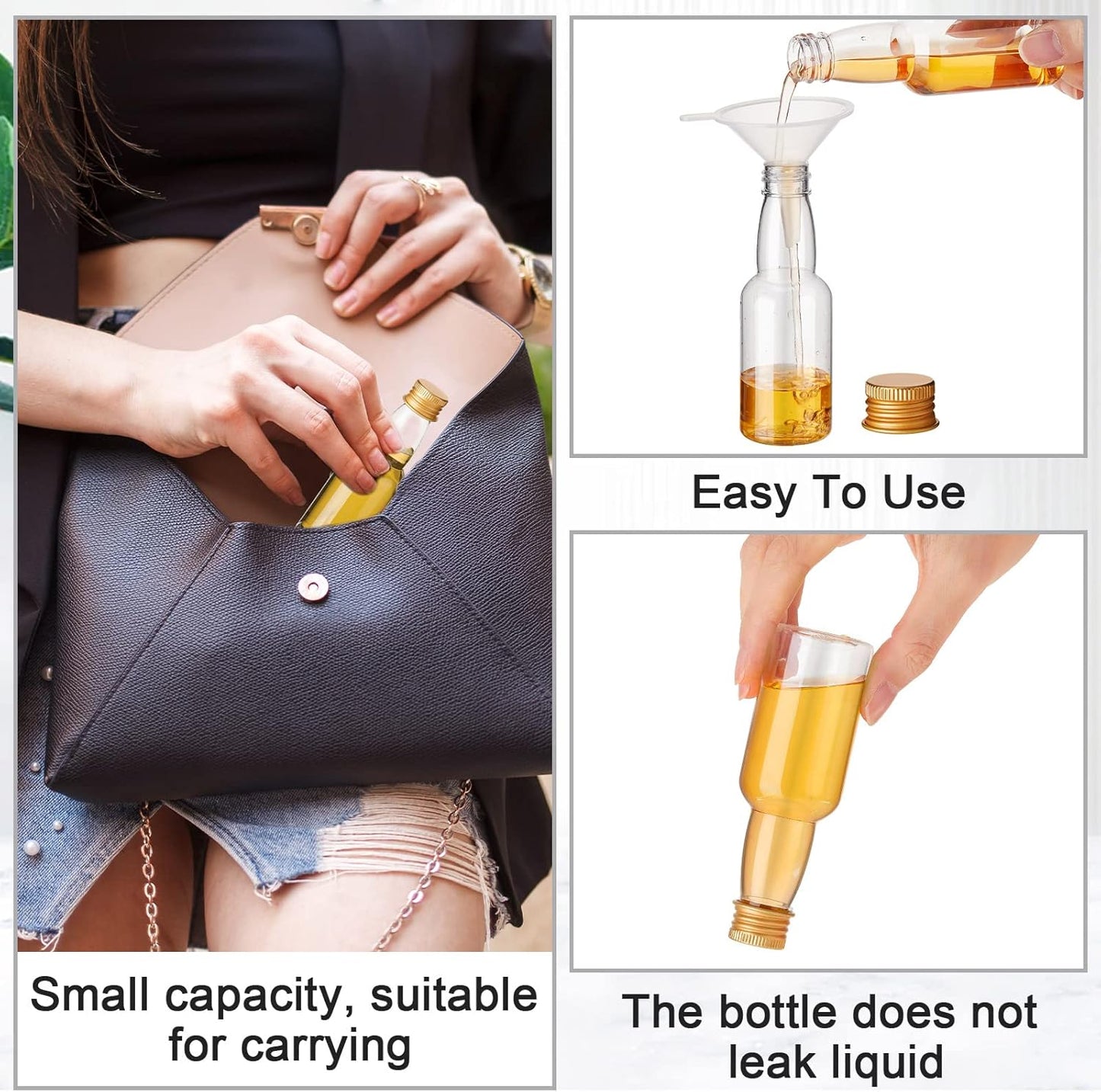 120 Pcs Mini Liquor Bottles Airtight Shot Miniature Empty Plastic Alcohol Spirit Shot Bottles with Funnels for Party Favors, Weddings(2 oz,Gold)