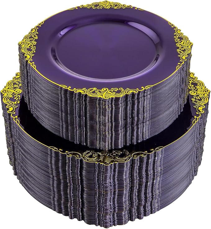 102PCS Purple and Gold Plastic Plates - High End Purple Disposable Plate - Vintage Dinner & Dessert Plates for 51 Guests Birthday Party Wedding