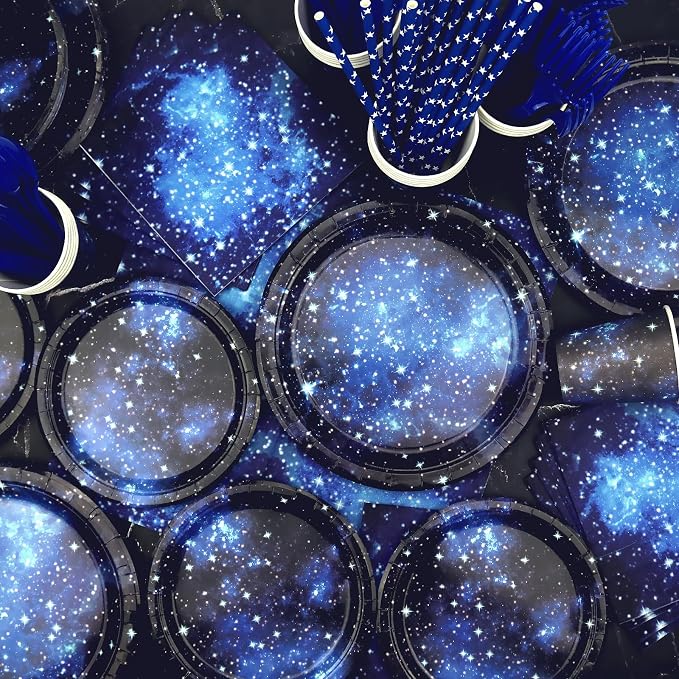 Space Galaxy Party Supplies, Includes Happy Birthday Banner, Plates, Cupcake Topper Napkins, Cups, Tablecloth, Balloons, for 20 Guests Galaxy Outer Space Theme Birthday Party Decoration