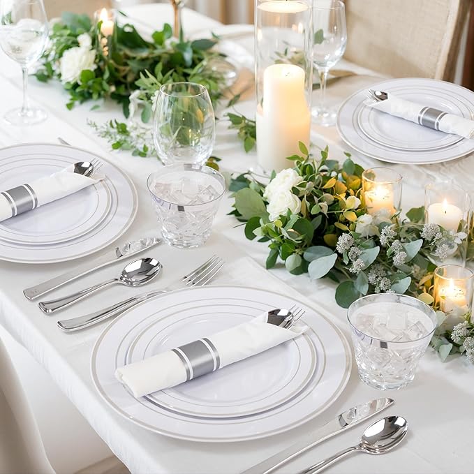 WELLIFE 350Pcs Silver Plastic Plates for 50 Guests - Disposable Dinnerware Set, Party Supplies Includes 100 Silver plates,150 Silverware,50 Napkins,50 Cups, Plastic Plates for Party and Wedding