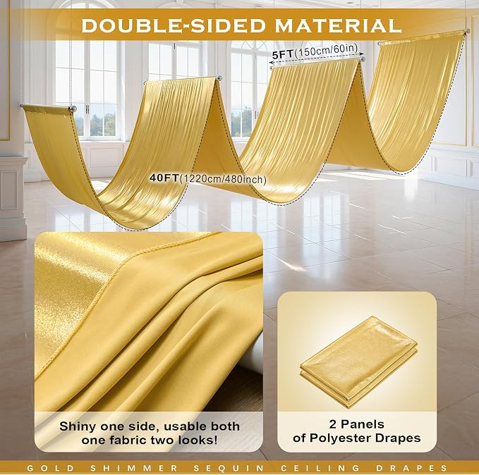 10ftx40ft Gold Ceiling Curtain for Wedding Parties – 2 Panels Wrinkle-Free 40 FT Long Tent Draping Curtains for Wedding, Birthday & Theme Parties, 40ft Height with Rod Pocket