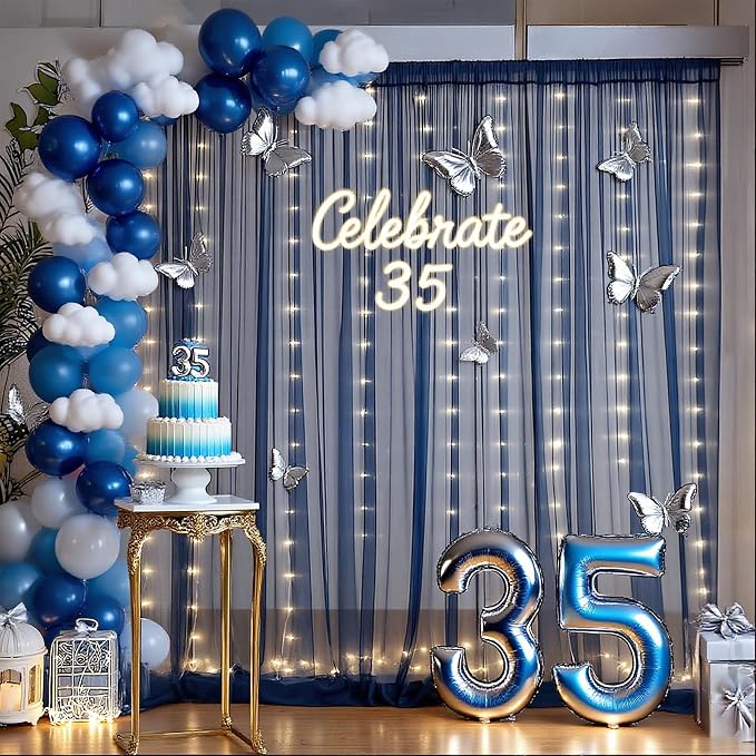 10x10ft Navy Blue Tulle Backdrop Curtain with Lights String for Parites, Sheer Photo Backdrop Curtains with Lights for Wedding Backdrop Ceremony Reception Bridal Shower Baby Shower Birthday Party
