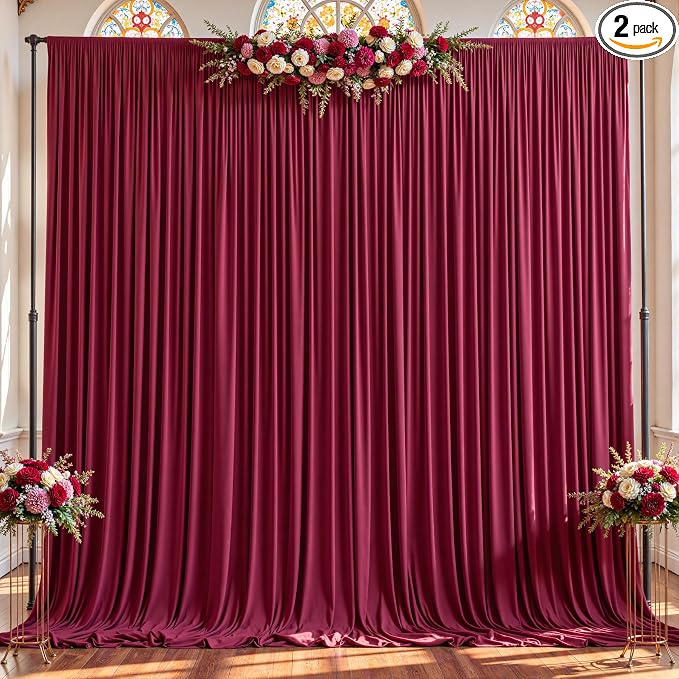 2 Panels Burgundy Backdrop Curtains - Wrinkle Free Fabric Backdrop Curtain for Photoshoot, 10FT Wedding Party Photo Backdrop Drapes for Birthday Baby Shower Photography Stage Background Decorations
