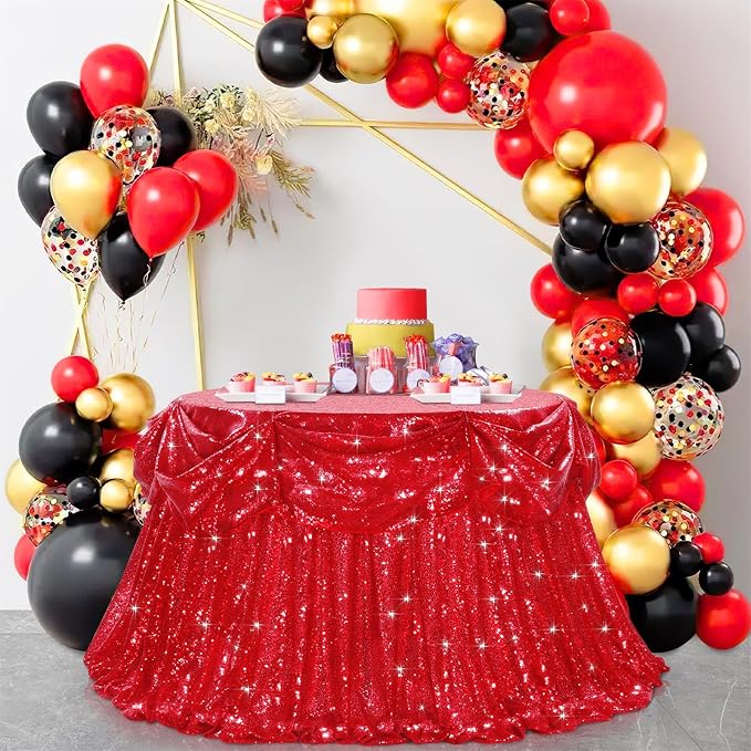 B-COOL Sequin Tablecloth Red Party Decorations: Round Tablecloth Overlay 90 Inch Sparkle Fabric for Birthday Beach Parties Christmas Table Decor