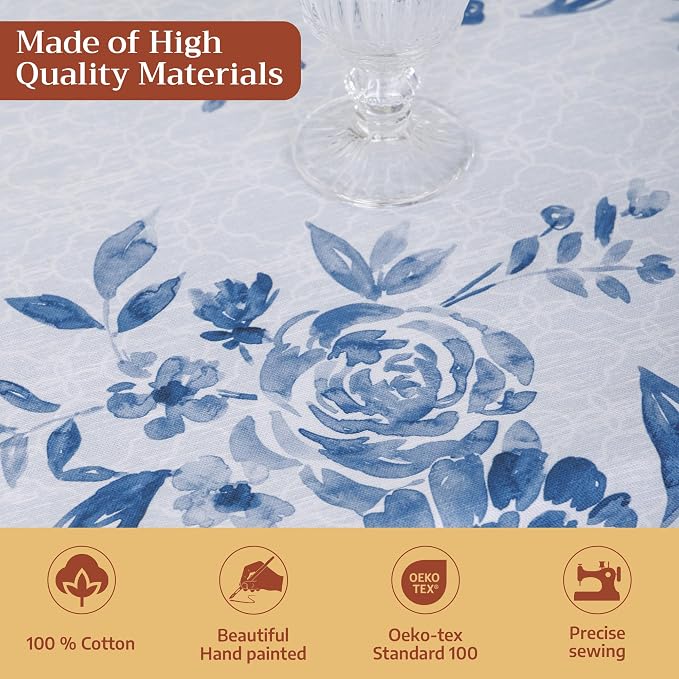 Maison d' Hermine Table Cloth Rectangle Table 100% Cotton 70 x 140 Inches Tablecloth Reusable Decorative for Dining Kitchen Room Farmhouse Party Home Hotel Restaurant Spring Summer- Rose Garden - Blue