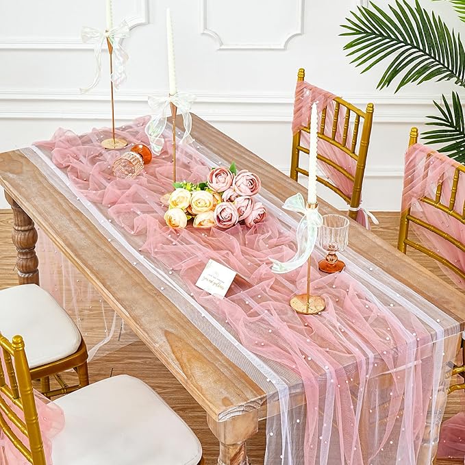 Pearl Tulle Table Runner Fabric: 10ft Wedding Veil Seasonal Dessert Chiffon Pearl Lace Boho Overlay Mother's Day Wedding Aisle Runner Party Decorations Doilies