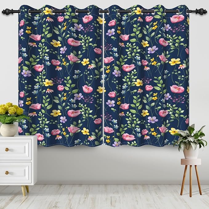 Spring Floral Flowers Window Curtains Pink Yellow Flower Botanical Leaves Thermal Insulated Room Darkening Blackout Curtains Drapes for Bedroom Living Room Kitchen Decor,26x24 inch,2 Panels