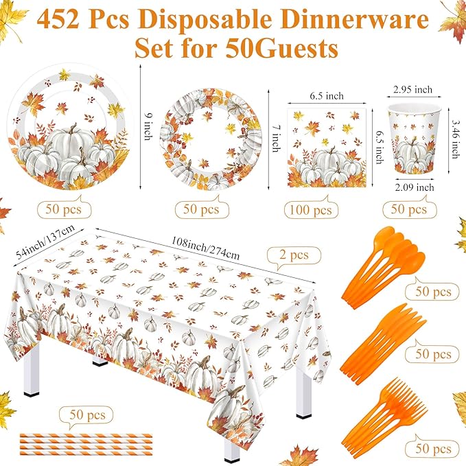 Funnymoom 452 Pcs Fall Thanksgiving Party Supplies Tableware Set for 50 Guests, Fall Pumpkin Maple Leaf Paper Plates and Napkins Cups Tablecloth Cutlery Straws for Autumn Harvest Party Decoration