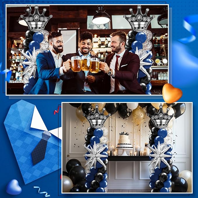 2 Sets Blue and Black Birthday Decorations Balloon Column Stand Kit with Crown, Navy Blue, Black and Silver Balloons Arch Kit for Prom Men Birthday Retirement Baby Shower Wedding Party