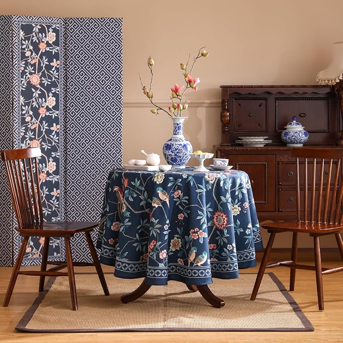 patdrea Elegant Vintage Linen Tablecloth,Round,Diameter 55"-Lanruoting | Chinoiserie Table Cloth for Round Table,Blue Oriental Bird Floral Print,Dining Tea Party Thanksgiving Coffe Table Decor