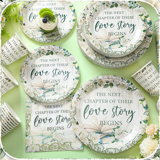 Zhehao 200 Pcs Bridal Shower Party Supplies Engagement Paper Plates Napkins Set for 50 Guests Spring Wedding Party Supplies Wedding Paper Plates with Flower (Next Chapter of Love)