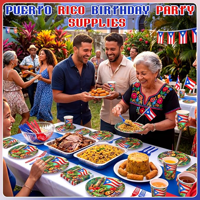 FoldTier 350 Pcs Puerto Rico Party Supplies Disposable Paper Plates Napkins Cups Puerto Rico Theme Birthday Party Decorations Tableware Flag Frog for Holiday Festival Family Friends Serve 50 Guests