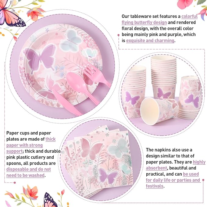Ziliny 350 Pcs Butterfly Party Supplies Tableware Set Disposable 9'' 7'' Paper Plates 9 oz Cups Cutlery Napkins Dinnerware Set for 1st Birthday, Serve 50 (Butterfly, Purple, Pink)
