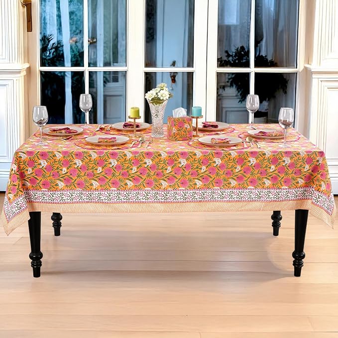 Ridhi Bubblegum Pink Hand Block Print Cotton Rectangle Tablecloth 108" x 60" inches Reusable Table Cover Decorative Everyday Use for Dining Room, Farmhouse, Home Gift for Spring, Mother's Day