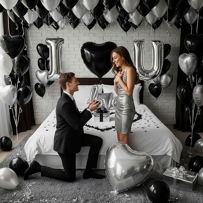 I Love You Balloons for Him/Her Balloons Black and silver romantic balloon kit with heart LOVE mylar balloons Black rose petals for hotel Dec orations Valentines Party wedding anniversary supplies