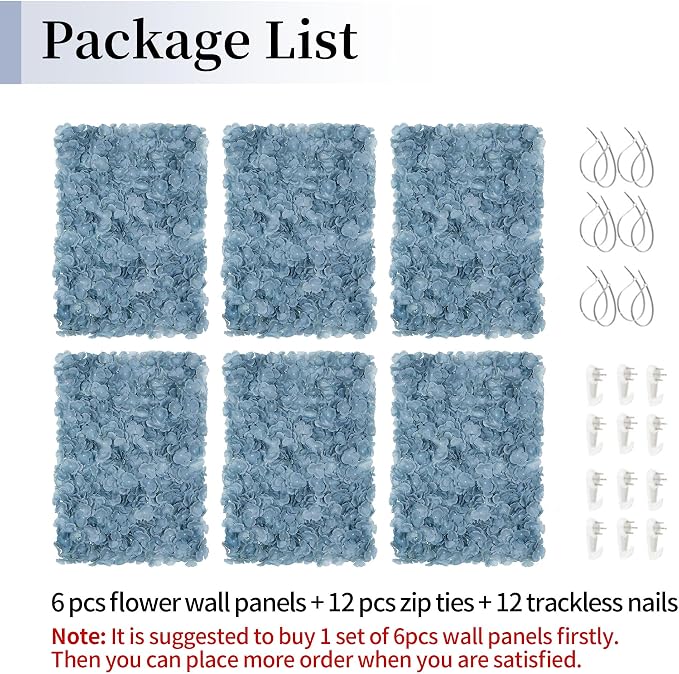 BLOSMON Flower Wall Panel Backdrop - 6 Pcs 24 x 16 Inch Dusty Blue Artificial Hydrangea Floral Backdrop for Wedding Party Baby Bridal Shower Decor, Hanging Fake Silk Hydrangea Wall DIY Decoration