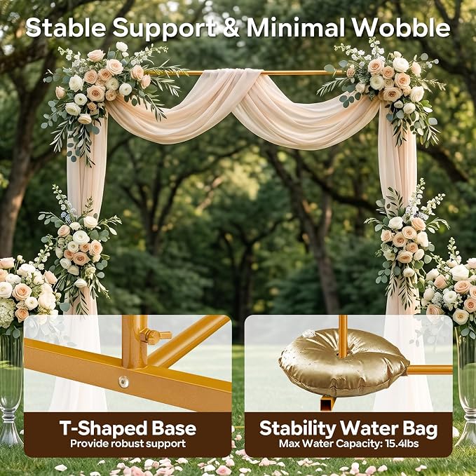 GOJIAWAY 7.2ft Gold Square Backdrop Stand, Metal Frame,2 Water Bags Base | Adjustable Height 4–7.2ft, Rust-Resistant, Quick Snap Assembly, Stability, for Wedding, Photo, birthday party, balloon arch