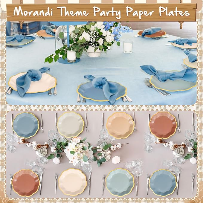 72 Pcs Morandi Color Paper Plates 9 Inch Brown Blue Gradient Scalloped Paper Disposable Dinner Dessert Plates for Birthday Wedding Bridal Party Supplies, 6 Colors