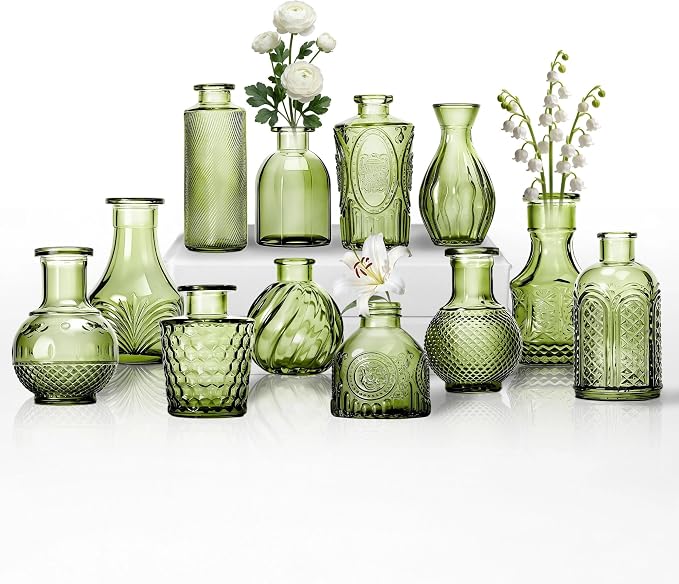 Mini Bud Vases Centerpieces for Tables,Clear Bud Vases for Flowers,Small Flower Vases Suitable for Birthday Party,Anniversary,Wedding Reception,Baby Shower (Green, 12PCS)