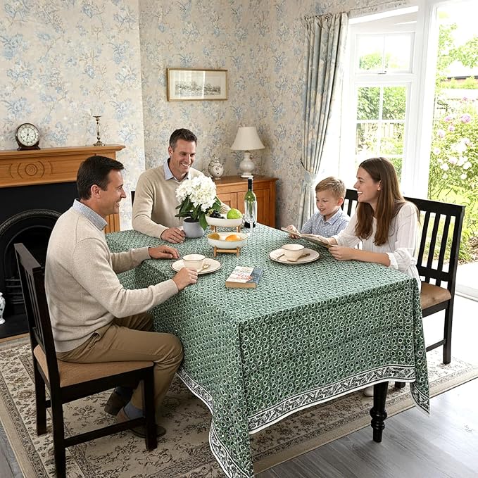Ridhi - Basil Green, Peacock Blue Hand Block Print Cotton Cloth Dinning Table Cover Wedding Farmhouse Thanks Giving Christmas Spring Tablecloth (14 Seater 72X160 Inch Rectangle)