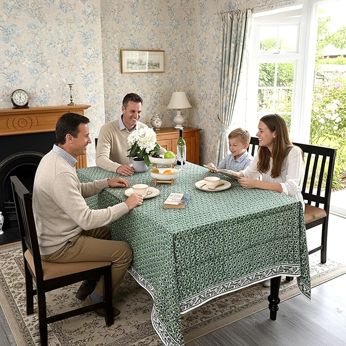Ridhi Basil Green Hand Block Print Cotton Rectangle Tablecloth 102" x 48" inches Reusable Table Cover Decorative Everyday Use for Dining Room, Farmhouse, Home Gift for Spring, Mother's Day