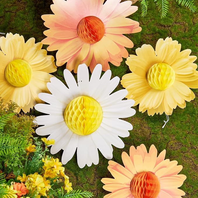 SUNBEAUTY 9PCS Paper Flower Party Decorations Yellow Orange Giant Paper Flowers 3D Daisy Honeycomb Hanging Decorations for Girls Birthday Boho Sun Party Spring Garden Wedding Classroom Baby Shower
