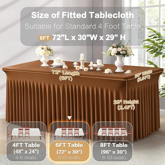 Shillance 2 Packs Brown Spandex Tableclothes for 6 Foot Rectangle Table, Spandex Table Covers 6FT Stretch Table Skirts Wrinkle Free Fitted Table Cloth for Event, Wedding, Banquet & Parties