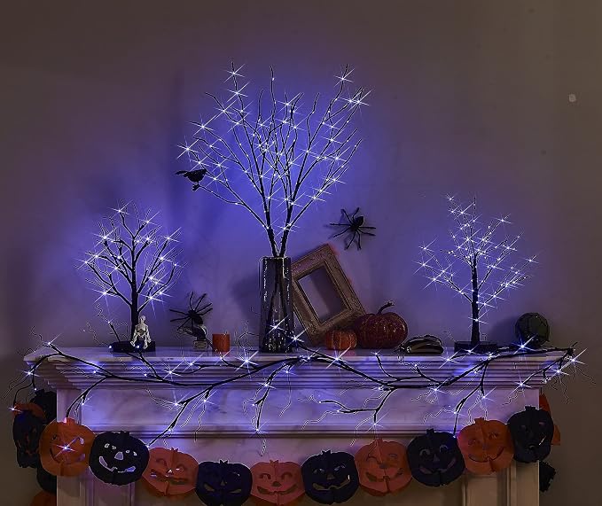LITBLOOM Lighted Black Glittered Garland with 48 Orange and Purple Bi-Color Lights, Halloween Garland with Lights 8 Functions 6FT Battery Operated for Home Party Halloween Decoration Indoor Outdoor