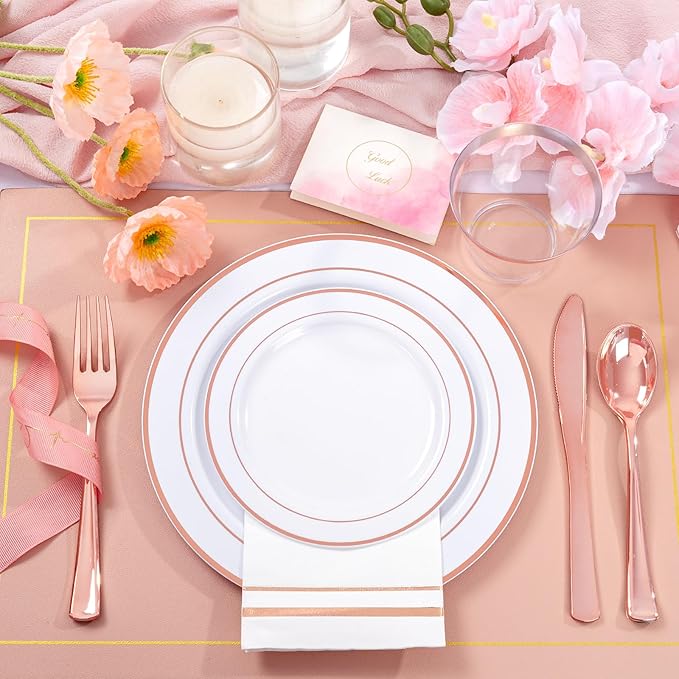 GATHER 350PCS Rose Gold Plastic Plates - Disposable Rose Gold Dinnerware Sets Includes 100 Gold Rimmed Plastic Plates, 150 Silverware, 50 Napkins, 50 Cups for Party, Wedding, Mother's Day