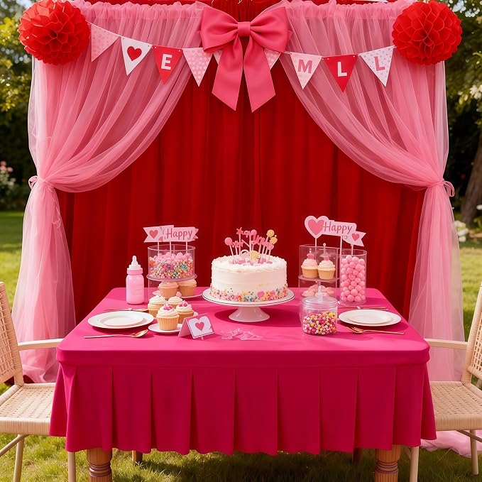 Wish Care Hot Pink Spandex Tablecloths for 34x34 Inch Square Tables, Stretch Fitted Table Clothes with Pleated Ruffle Skirt for 34” Table, Wrinkle Free and Elastic, for Party Kitchen Home Dining