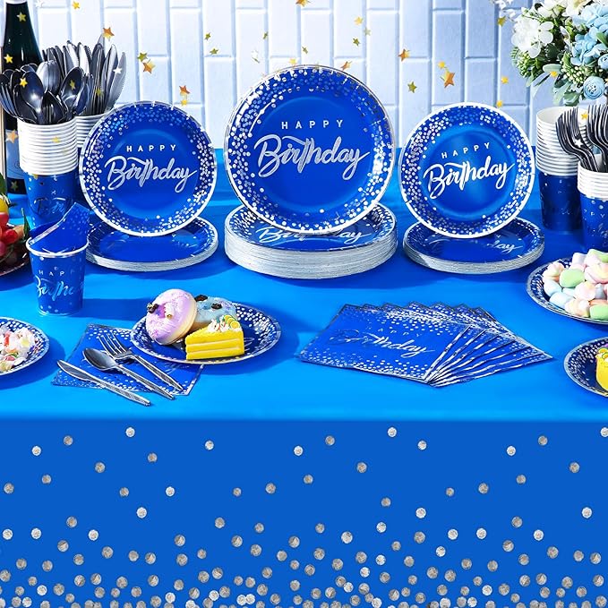 352 Pcs Blue and Silver Birthday Party Tableware Set for 50 Guests Silver Dot Paper Plates Cups Napkins Plastic Tablecloths Forks Knives Spoons Blue Party Supplies for Birthday Wedding Decorations