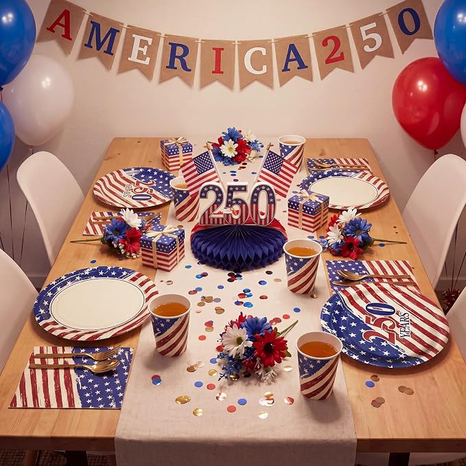Vesici 150 Pcs 250th Anniversary Oval Paper Plates and Napkins Set 10'' x 12'' Large USA 4th of July Tableware Patriotic Disposable Paper Plate Cup Napkin Independence Memorial Day Party Supply