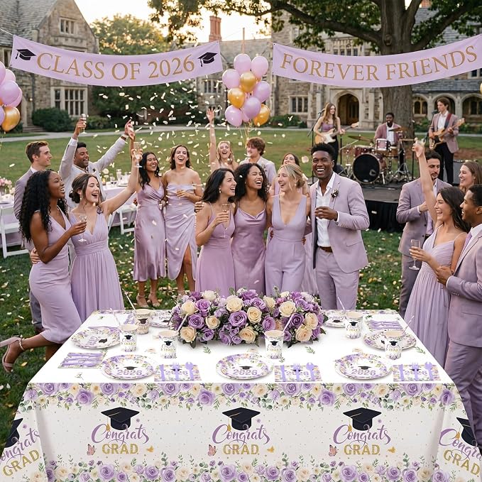 Funnymoom 452 Pcs Purple Floral Graduation Decoration Girl for 50 Guests, Class of 2026 Floral Graduation Paper Plates Napkins Cups Tablecloth Cutlery Straws for 2026 Congrats Grad Party Supplies