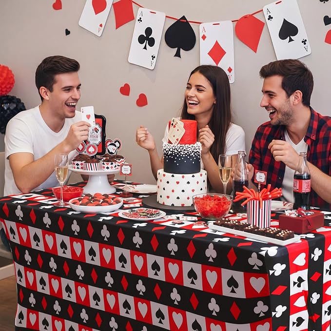 Frienda 1 Pcs Casino Theme Party Decorations Tablecloth Spandex Stretch Red and Black Poker Tablecloth 71 x 30'' Casino Themed Table Cover for Poker Game Playing Card Birthday Party Supplies