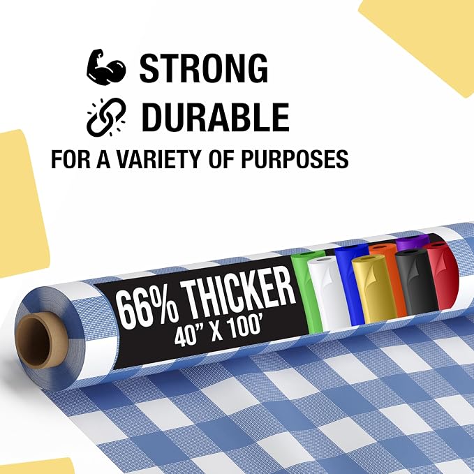 Party Solids 66% Thicker Premium Blue Gingham Plastic Table Cover Roll 40" X 100' Table Cloth Plastic Cover Roll Quality Thick Banquet Rolls Disposable Tablecloth Rolls Strong American Based Company