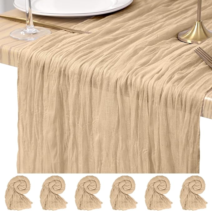 6 Pack Cheesecloth Table Runner Beige 10Ft Rustic Boho Gauze Table Runner Romantic Long Sheer Fabric Cheesecloth Table Runner for Wedding Festival Birthday Anniversary Dinner Outdoor Events