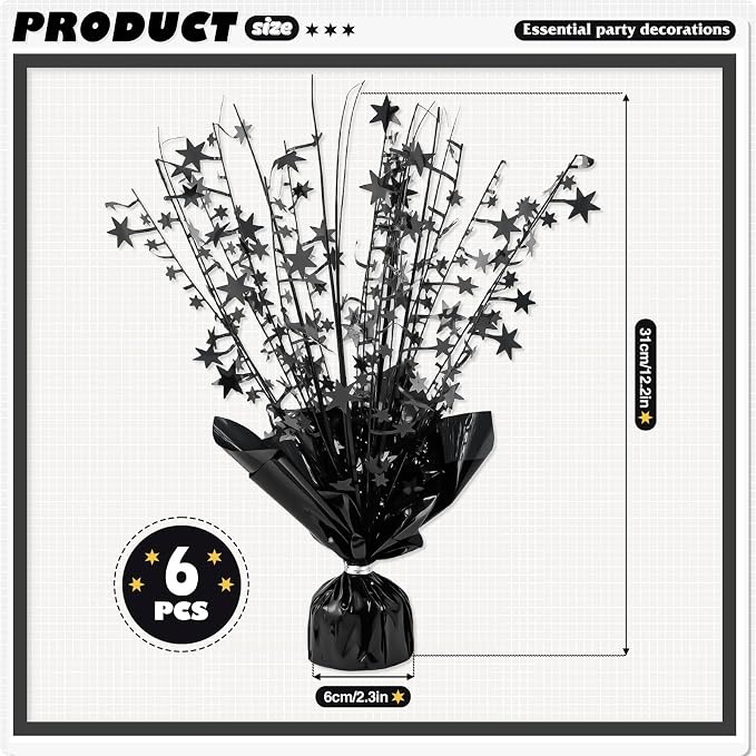 6 Pack Metallic Foil Spray Centerpiece Star Table Decoration Burst Table Centerpieces for Birthday Weddings Anniversaries Christmas New Year Holiday Party Supplies Decor (Black)