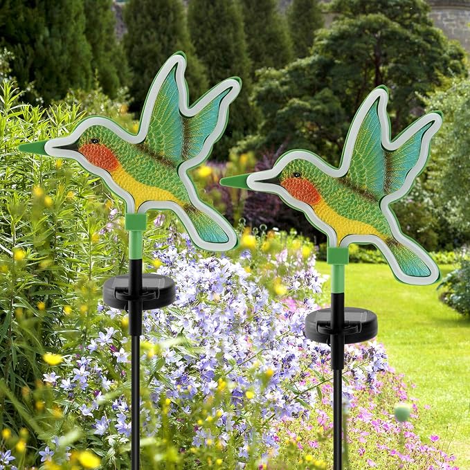 Solar Hummingbird Garden Lights 2 Pack, Colorful Neon Glow LED Solar Stake Lights, Waterproof Outdoor Decorative Landscape Lighting for Yard, Patio, Gifts for Mom